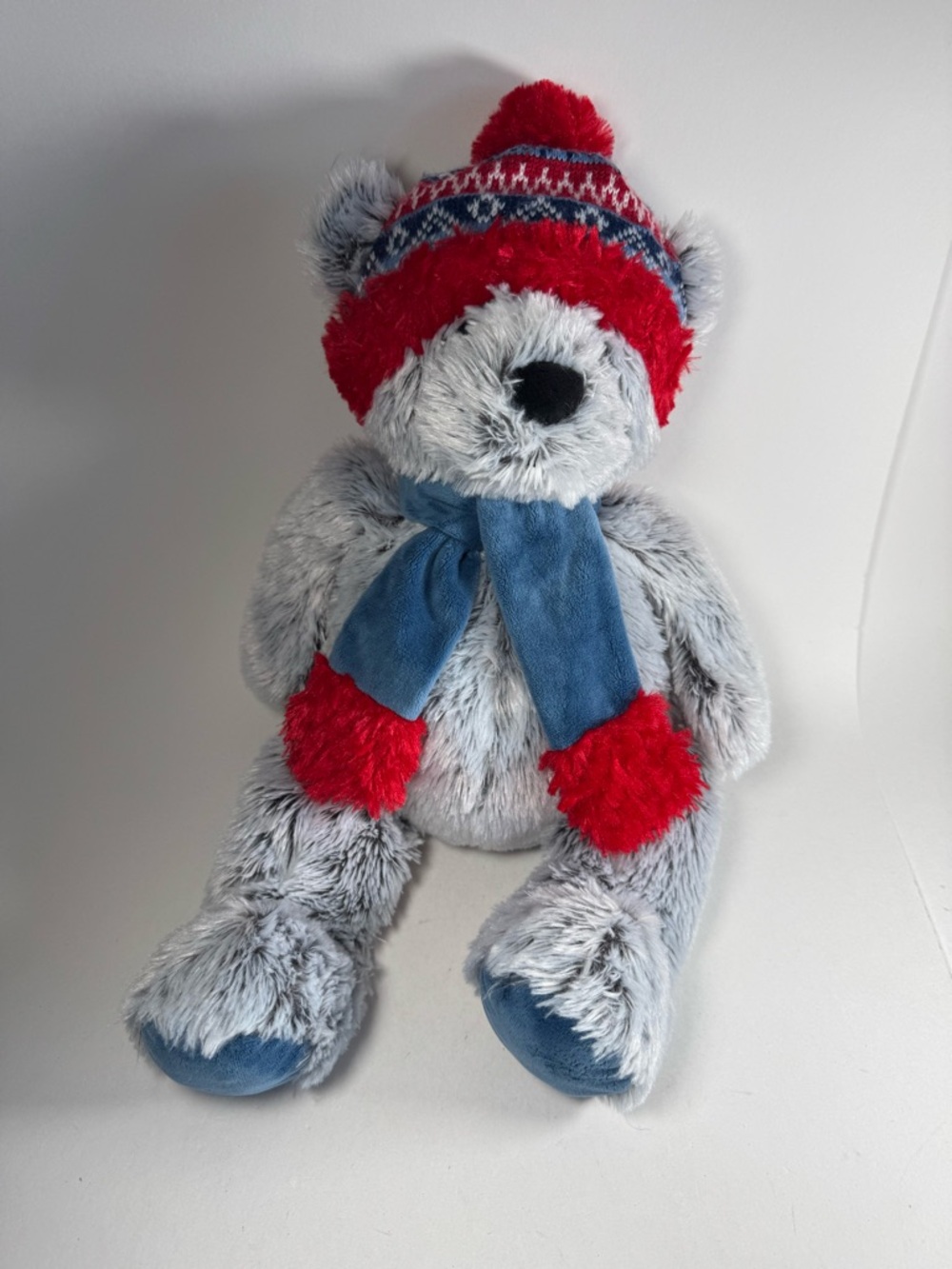 GT Gentle Treasures Plush Teddy Bear 17" Grey Blue Red Winter Hat Scarf Stuffed